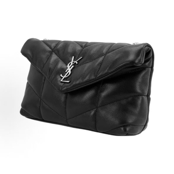 SAINT LAURENT YSL PUFFER, featuring a non-ferrous metal letter logo, magnetic clasp opening and closing design, cloud bag, pillow bag, crossbody single-shoulder bag, black for women